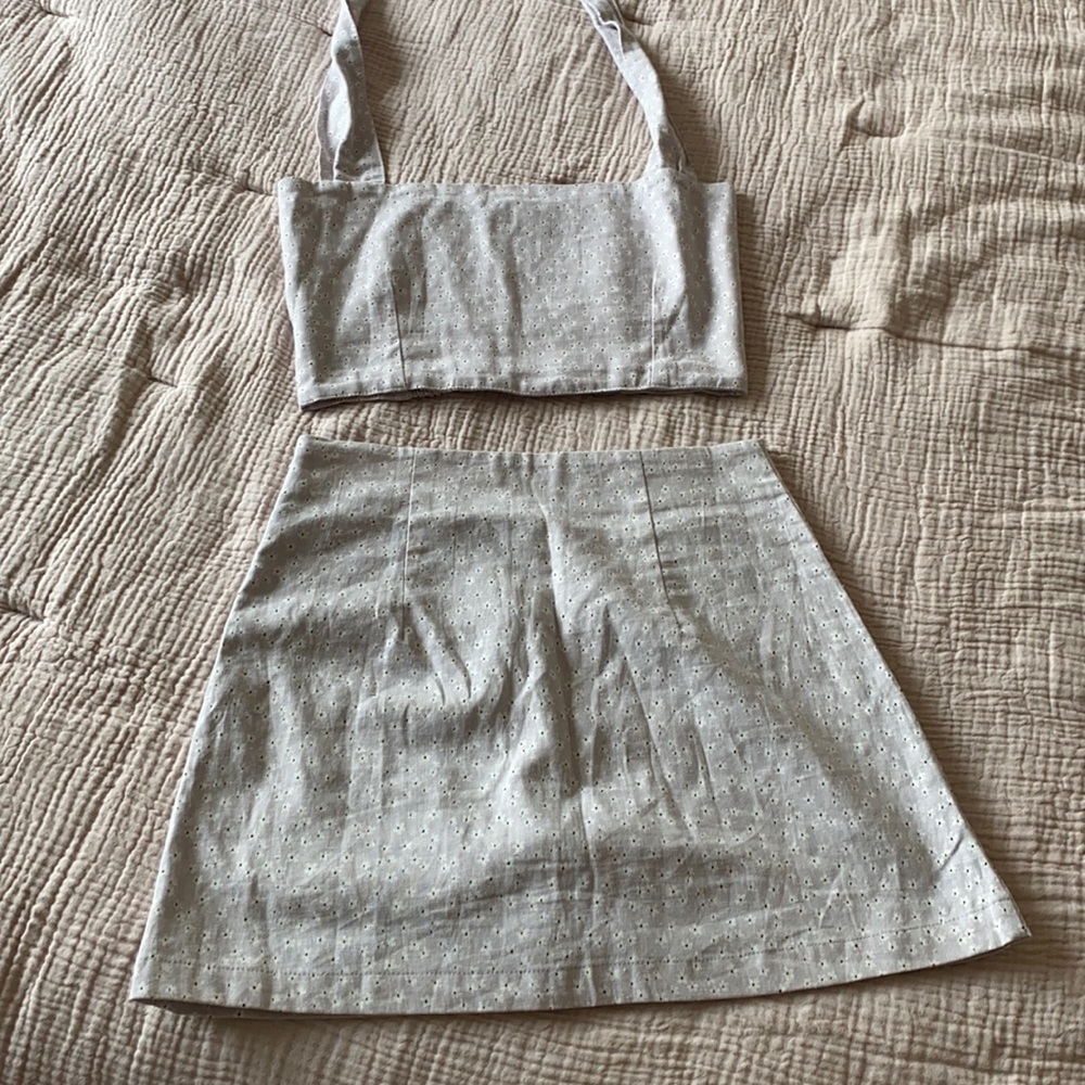 With Jean Light Beige Eyelet Two-Piece Crop Top and Mini Skirt